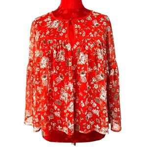 Lucky Brand peasant blouse size M Boho 3/4 sleeve casual orange tan floral sheer